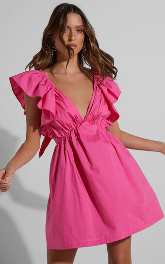 Raiza Mini Dress - Ruffle Sleeve Tie Back Plunge Dress in Fuchsia | Showpo (US, UK & Europe)