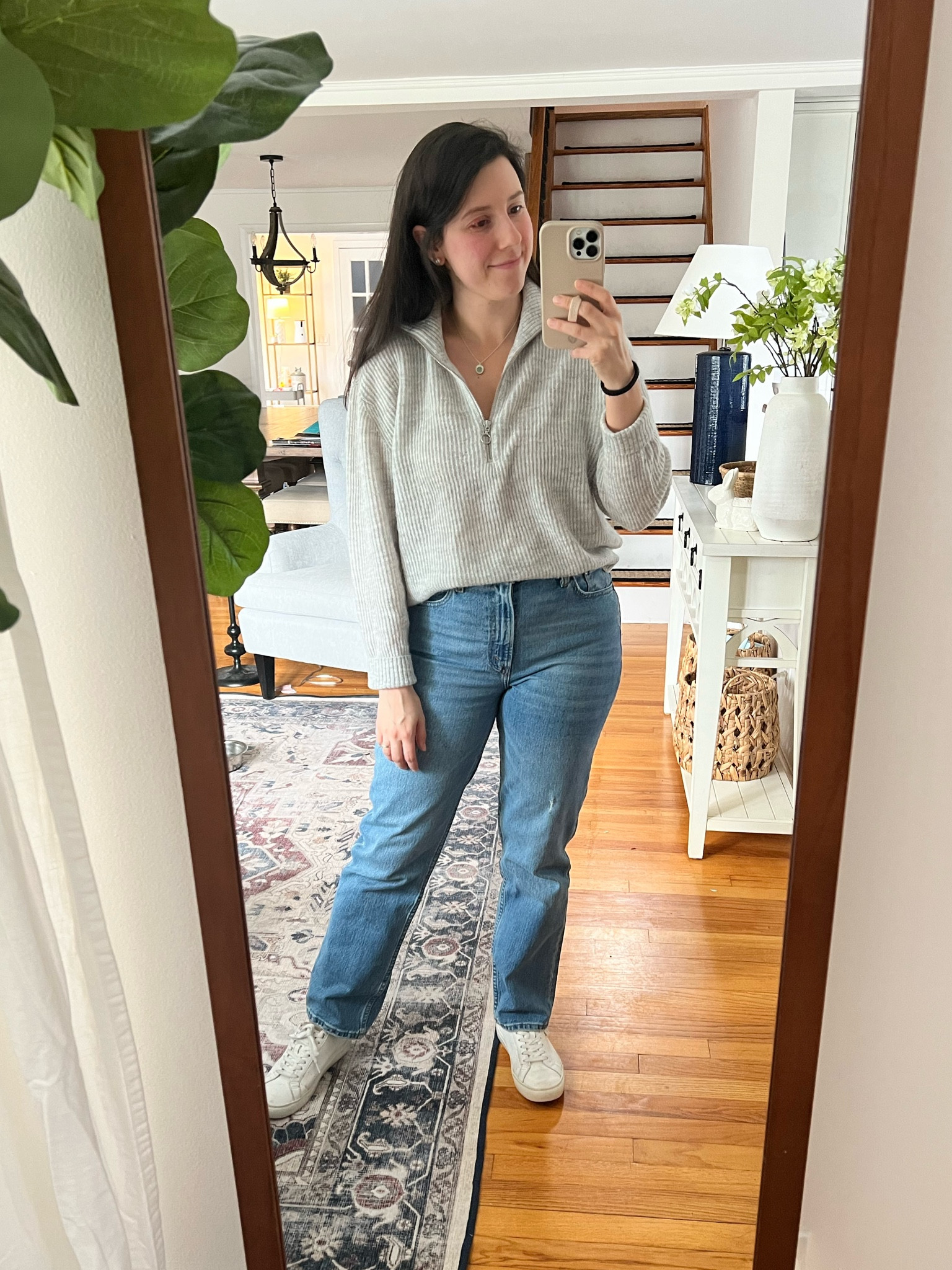My work from home ootd! I’m in love with this Quince quarter zip sweater - it’s so soft and comfy but not too heavy. I’m trying to branch out from skinny jeans and just got these straight jeans and I’m liking them! And my favorite white sneakers 🤍