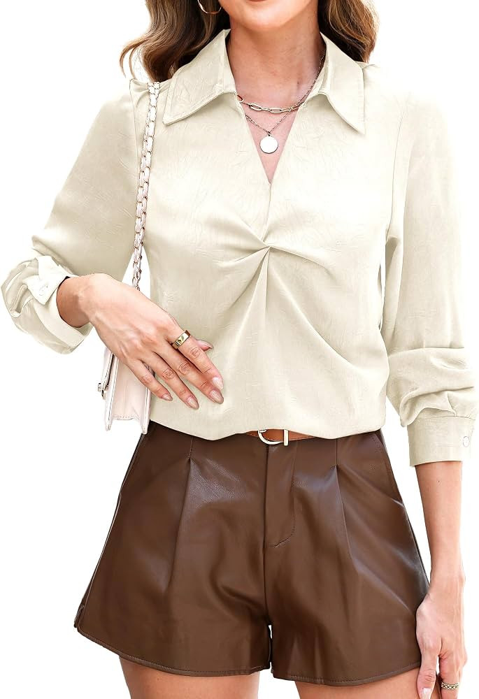 RUMIA Longsleeve Satin Silk Fall Blouses Shirt for Women Business Work Top | Amazon (US)