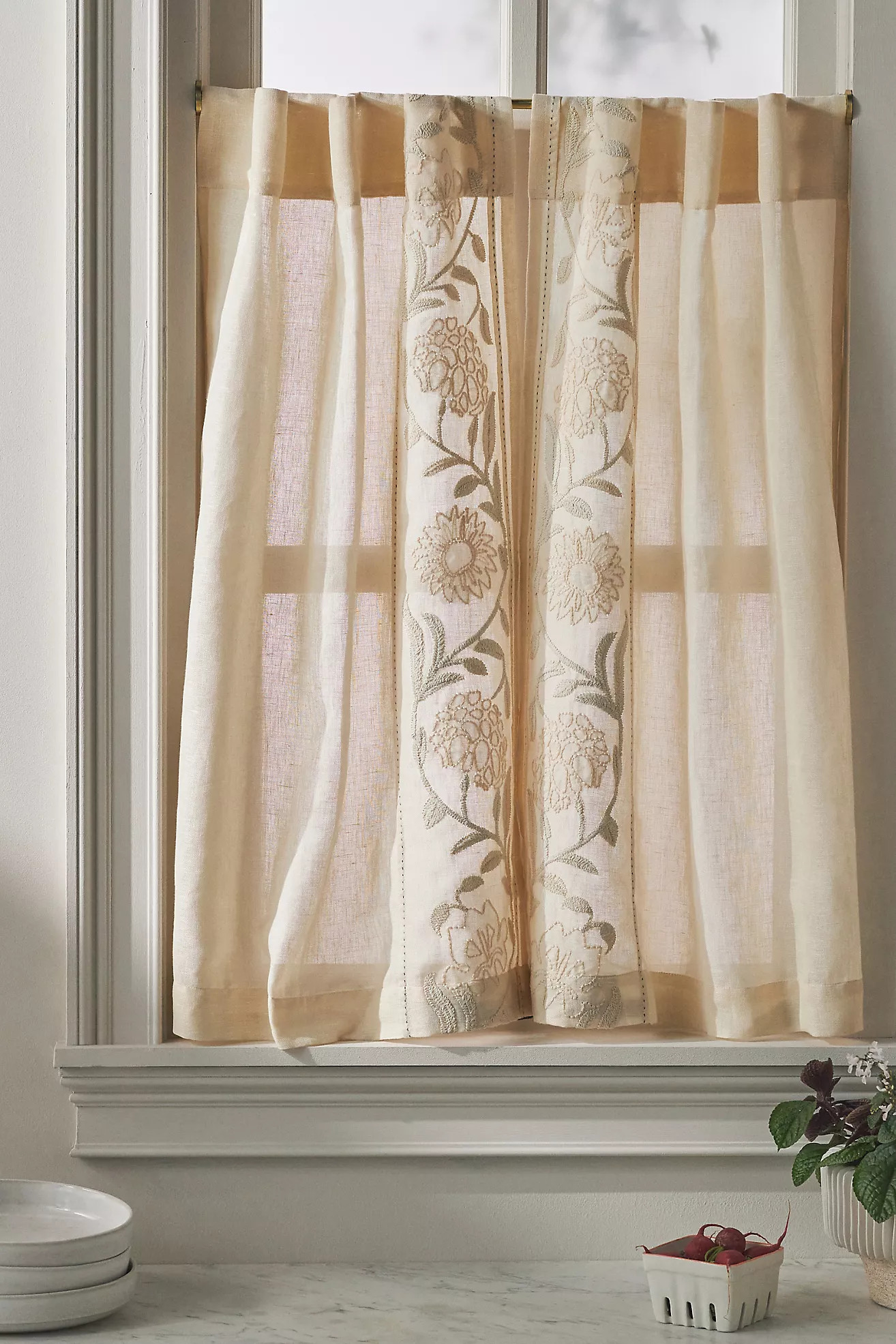 Embroidered Manette Cotton Linen Sheer Café Curtains, Set of 2 | Anthropologie (US)