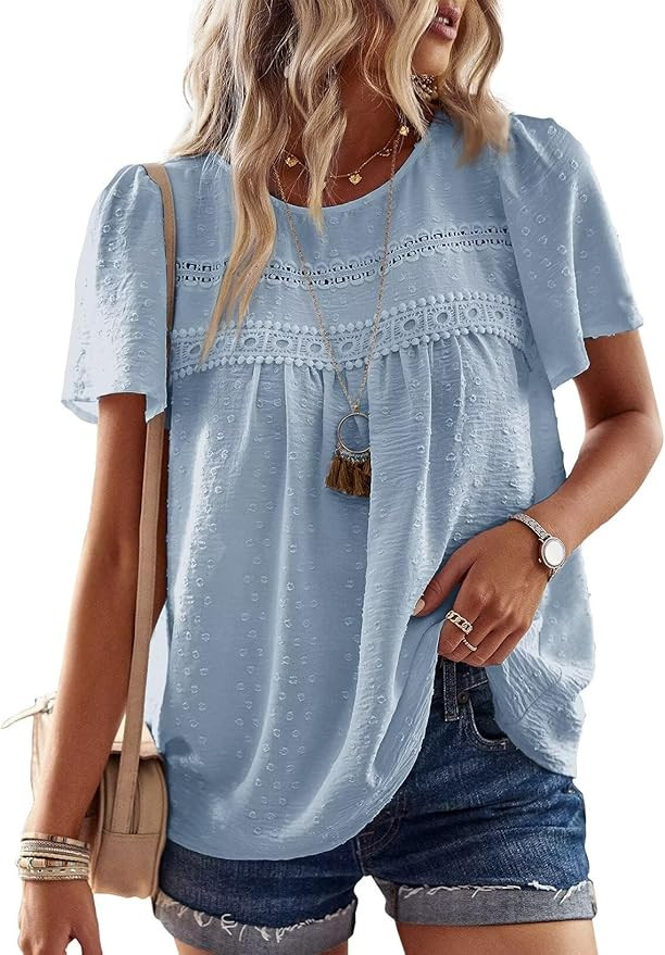 Womens Summer Tops Crewneck Short Sleeve Shirts Casual Chiffon Blouses Flowy Lace Hem Boho Clothi... | Amazon (US)