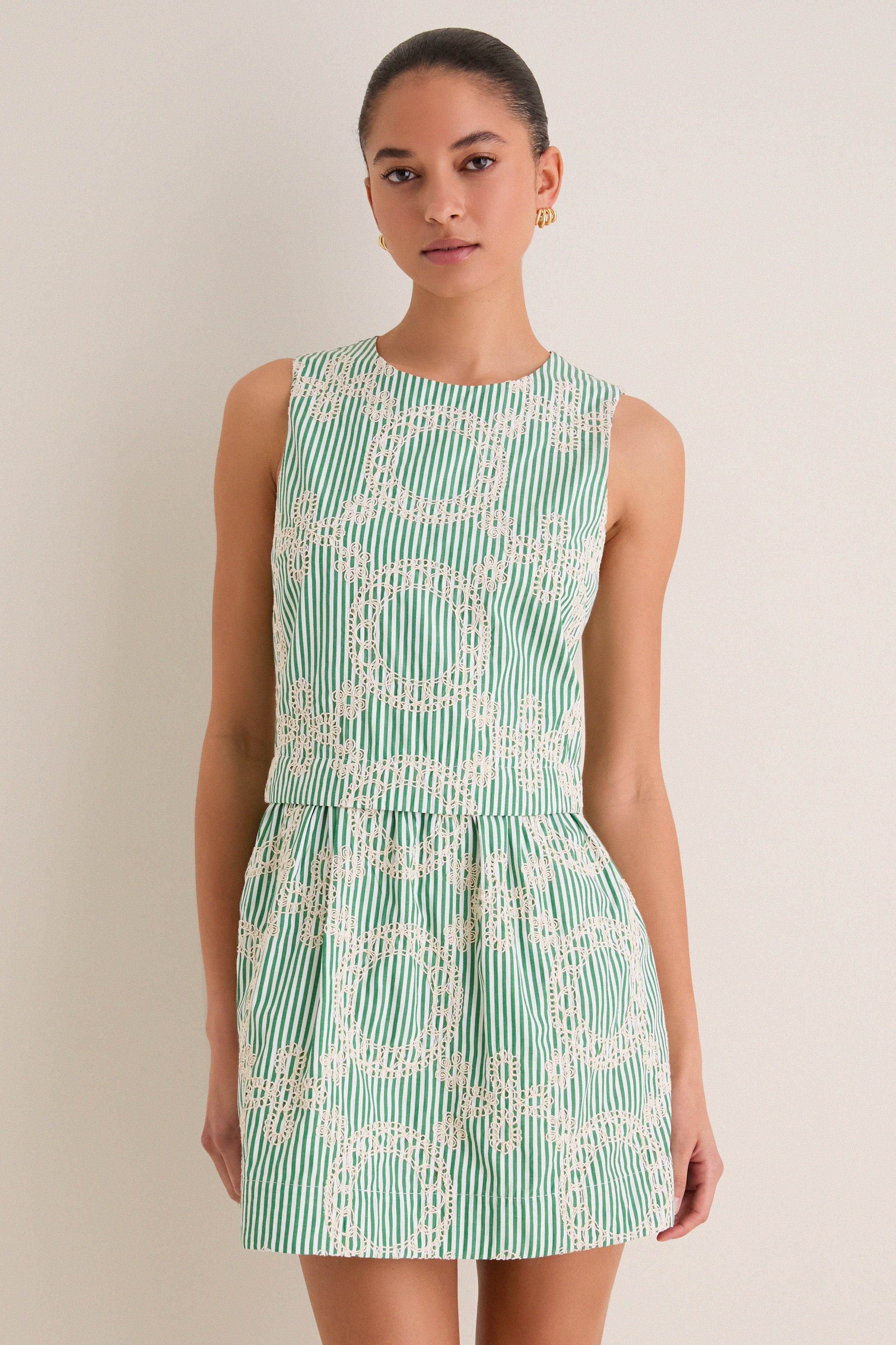 Green Stripe Vintage Embroidery Paige Mini Dress | Tuckernuck (US)