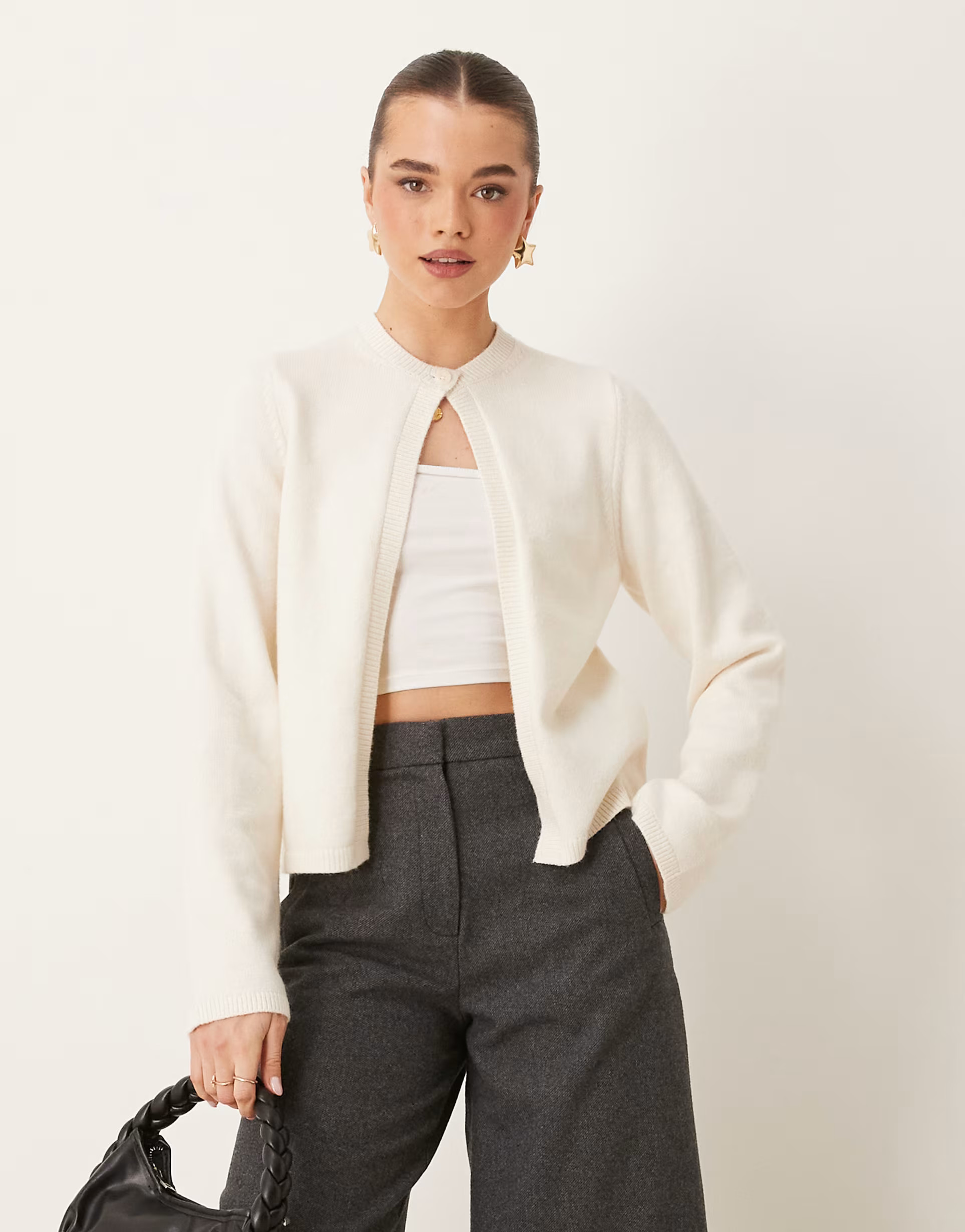 Gina Tricot knitted cardigan with one button detail in cream | ASOS (Global)