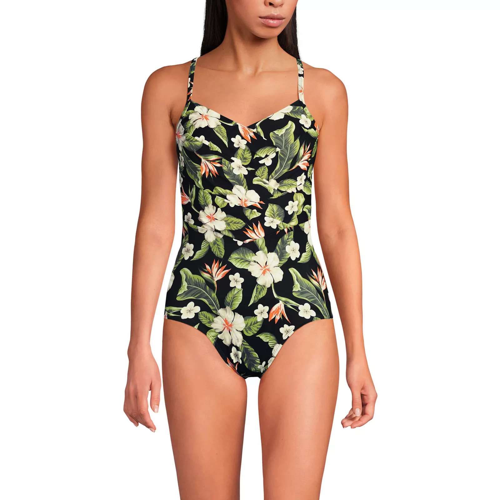 Women's Lands' End Slendertex V-Neck Pleated Crossback One-Piece Swimsuit, Size: 18, Hibiscus Fl0ral Black | Kohl's