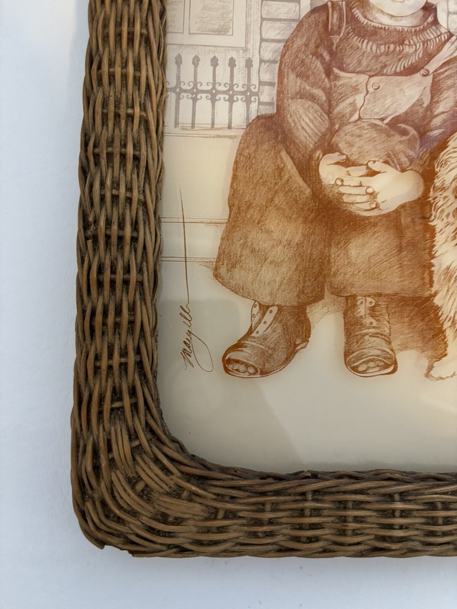 Rare Vintage Lucid Lines Reverse Print On Glass "Shaggy Dog" With Wicker Frame | eBay US