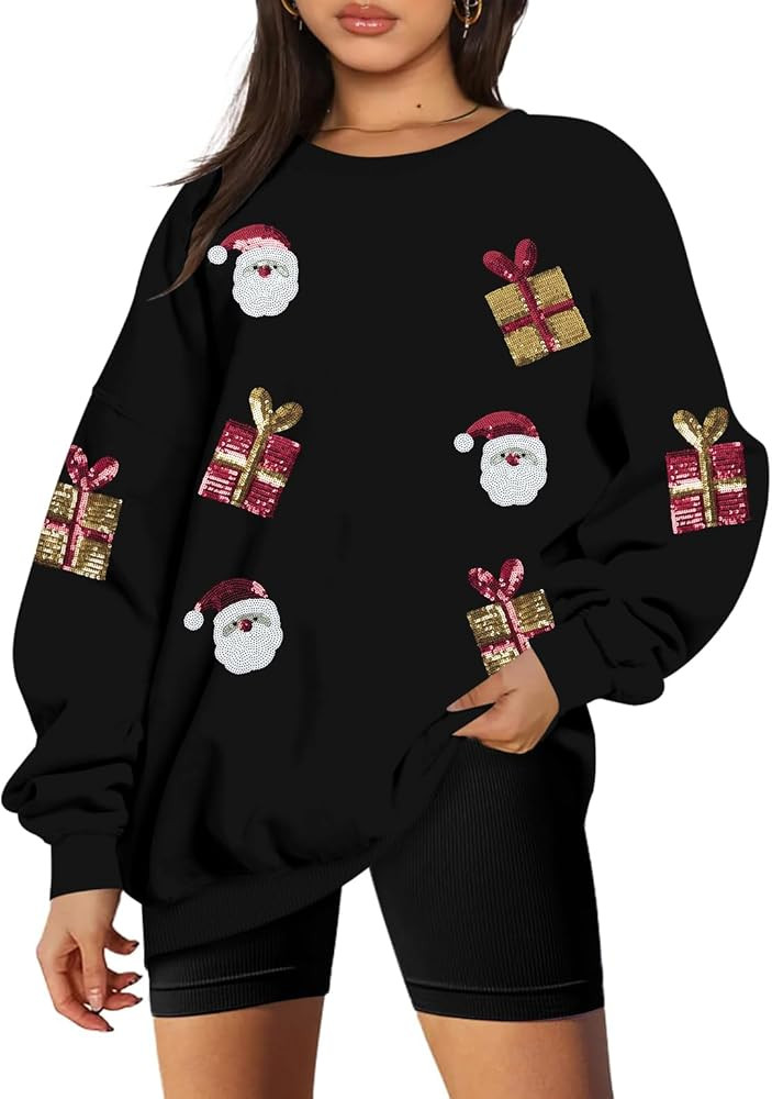 LUKYCILD Christmas Sweatshirts Women Sequin Christmas Shirts Sparkly Xmas Graphic Long Sleeve Cre... | Amazon (US)