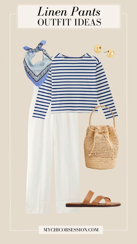 Style linen pants for a Parisian-inspired summer outfit. Start with a striped Breton tee from Everlane, with high-waisted linen pants. Add a neck scarf for a chic accessory, a straw tote and sandals.

#LTKStyleTip #LTKSeasonal
