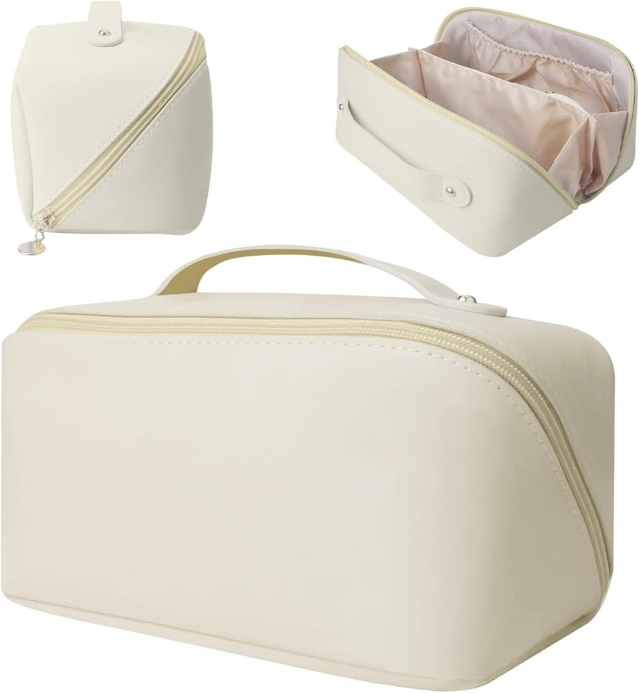 2022 New Large Capacity Travel Cosmetic Bag for Women，PU Leather Waterproof Portable with Handl... | Amazon (US)