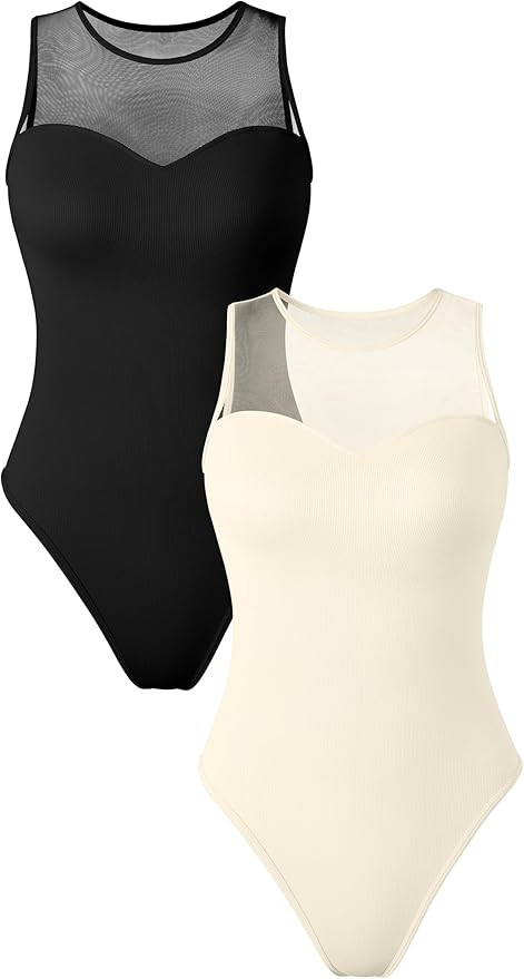 OQQ 2 Piece Bodysuits For Women Sexy Crew Neck Mesh Stretch Tank Tops Bodysuits | Amazon (US)
