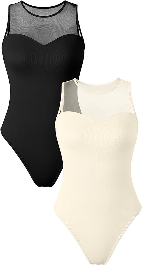 OQQ 2 Piece Bodysuits For Women Sexy Crew Neck Mesh Stretch Tank Tops Bodysuits | Amazon (US)