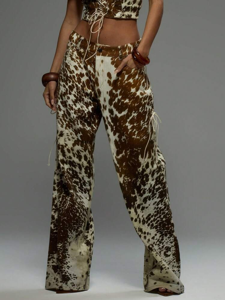 MUSERA Low Rise Lace Up Sides Wide Leg Denim Cow Print Jeans Co-Ord Bottom Only Summer Festival Vacation Cute Sexy Cowgirl Ibiza Western Country Concert Rave Concert Fall Autumn Winter Nashville Fall Autumn Party Thanksgiving Chic | SHEIN