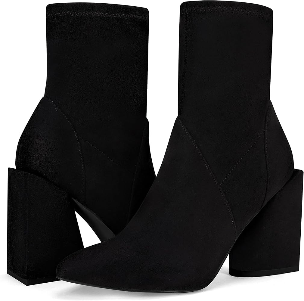 Amazon.com | Womens Ankle Boots Dress Fall High Heel Booties Pointed Toe Chunky Block Slip On Win... | Amazon (US)
