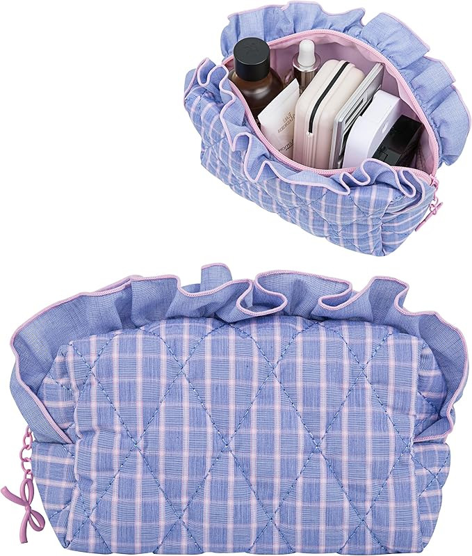 Frillie Quilted Ruffle Makeup Bag – Cute & Elegant Cosmetic Organizer for Women, Lightweight Tr... | Amazon (US)