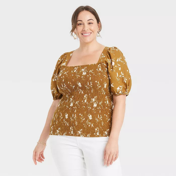 Women's Plus Size Square Neck Puff Short Sleeve Smocked Top - Ava & Viv™ | Target