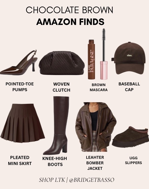 Chocolate brown Amazon finds for fall 🤎 From pointed-toe pumps and knee-high boots to a leather bomber jacket, pleated mini skirt, woven clutch, brown mascara, baseball cap and cozy UGG slippers.