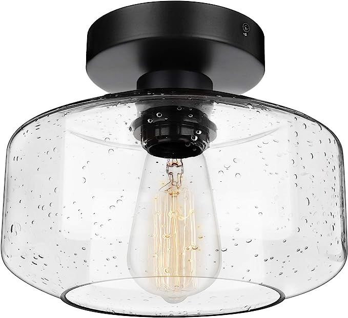 Industrial Semi-Flush Mount Ceiling Light, Seeded Glass Pendant Lamp Shade, Black Farmhouse Light... | Amazon (US)