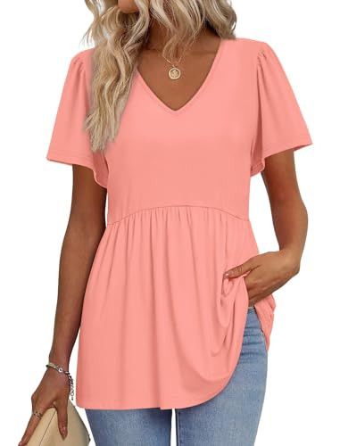 OFEEFAN Oversized TShirts for Women Tunic Tops to Wear with Leggings V Neck T Shirts Short Sleeve Babydoll Tops Maternity Shirts Coral 3XL | Amazon (US)