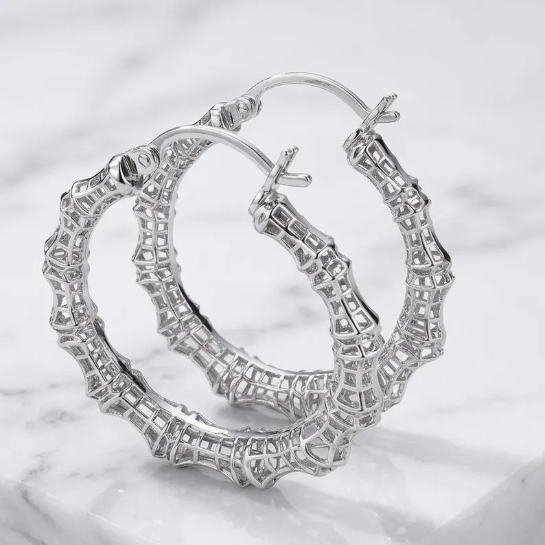 Sterling Silver Bamboo Filigree Hoop Earrings, Rhodium Plated Textured Geometric Hoops (24mm & 31... | Etsy (Global)