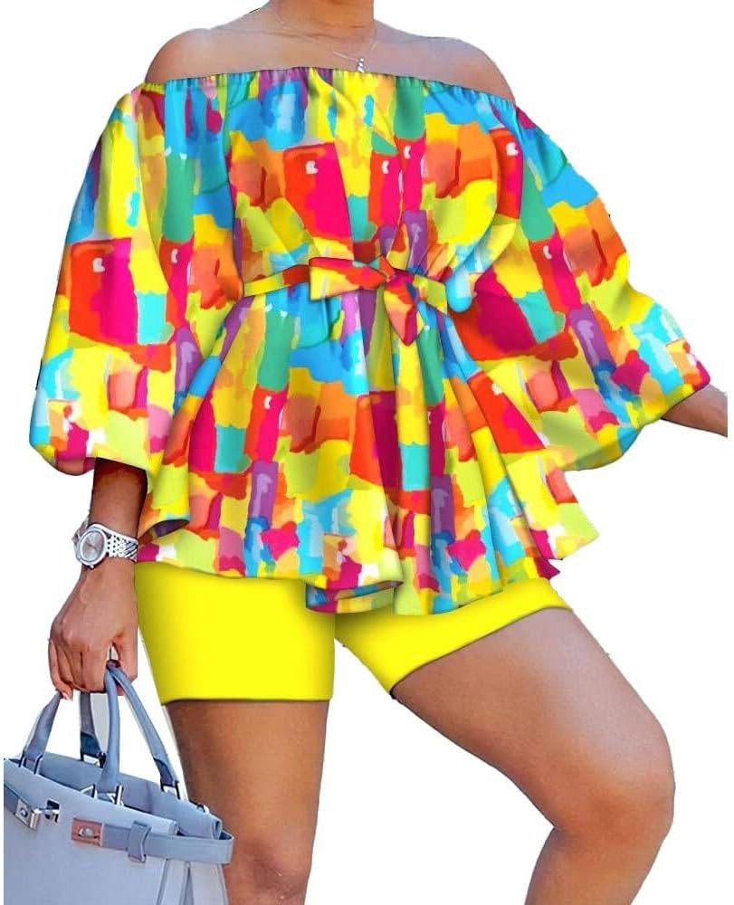 A ADILACA Off The Shoulder Shirt and Short Set, Plus Off Shoulder Lantern Sleeve Tie Front Blouse... | Amazon (US)