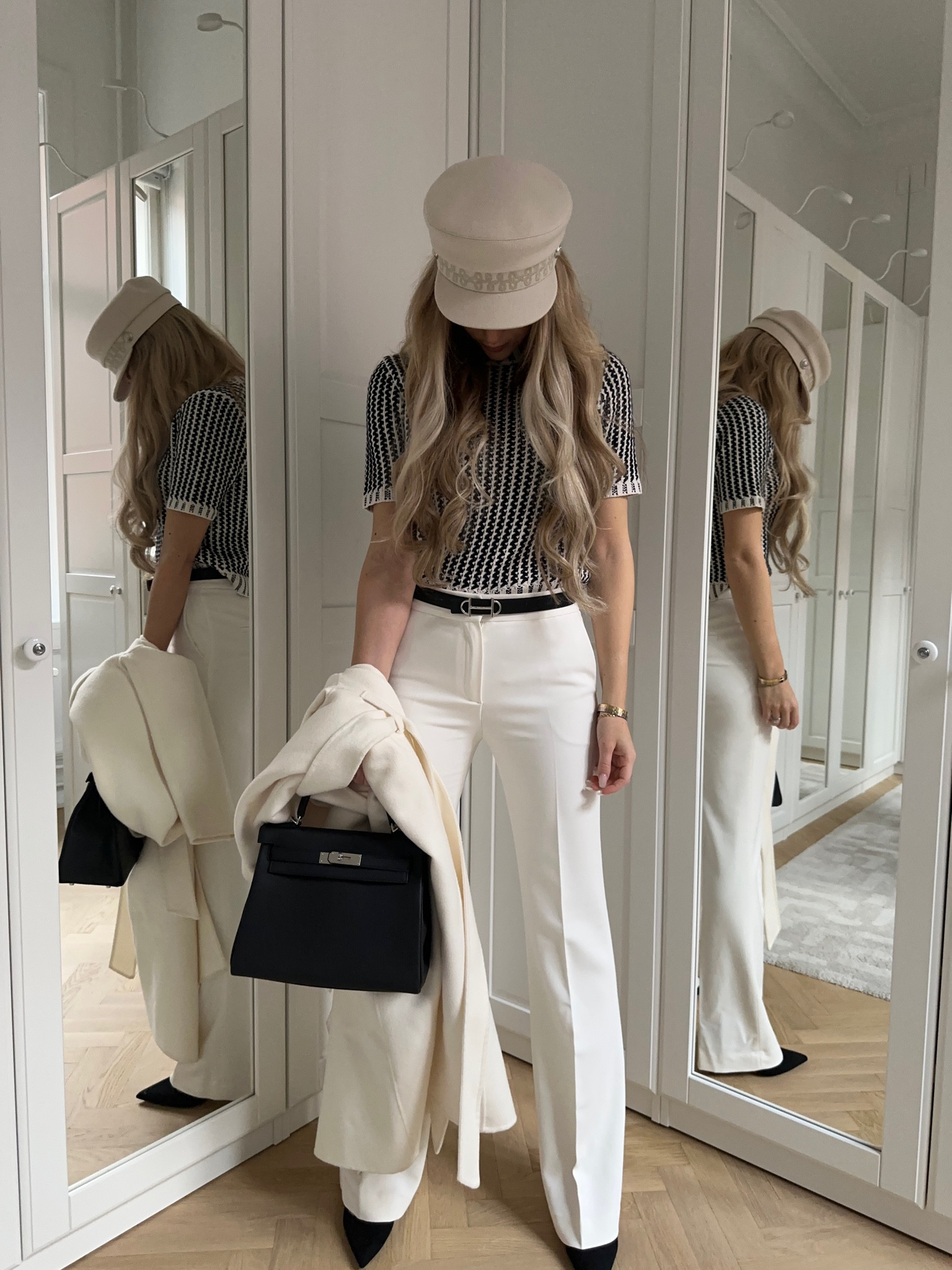 A chic look perfect for spring. Wear it to work, during a shopping day or maybe even during a coffee date ☕️💌#elegantlook #dayoutfit #whitetrousers #workingpant #elegantpants #chictop #hermeslook #hermeskelly #hermescap

#LTKFind #LTKSeasonal #LTKworkwear