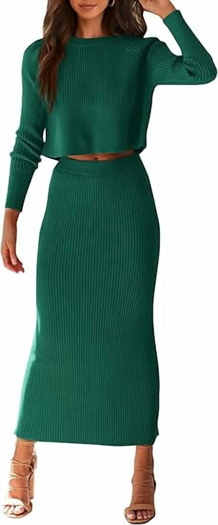 PRETTYGARDEN Women's Spring Fall 2 Piece Sweater Set Rib Knit Long Sleeve Crop Top Maxi Bodycon S... | Walmart (US)