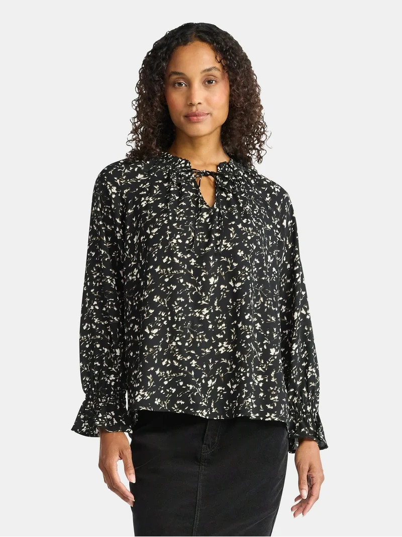 Time and Tru Women's Ruffle Neck Blouse with Long Sleeves, Size XS – XXXL | Walmart (US)