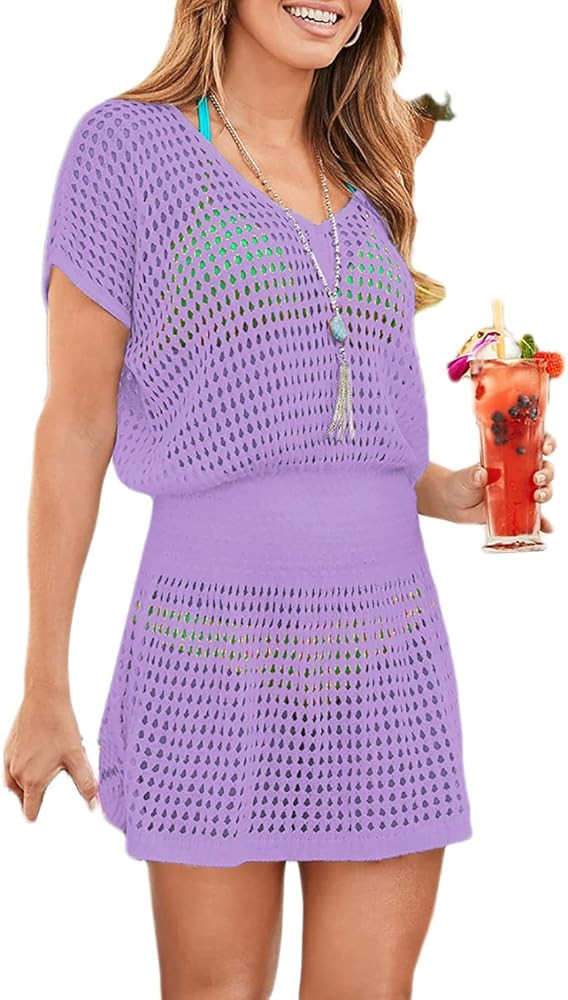 Bsubseach Women Crochet Hollow Out Swim Cover Ups Short Sleeve Beach Swimwear Tunic Dress | Amazon (US)