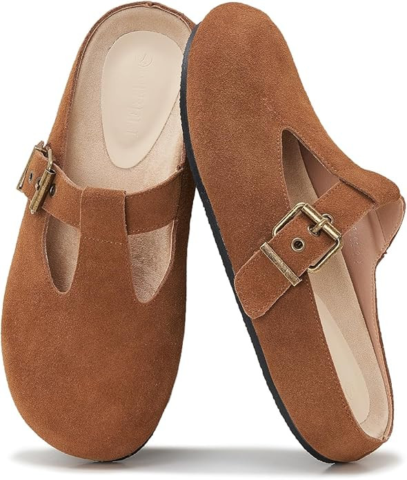 Women's Suede Leather Mary Jane Mules Round Toe Cutout Slip-On Flats with Buckle Strap and Rubber... | Amazon (US)