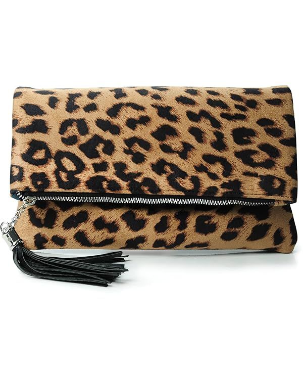 Leopard Zipper Foldover Clutch Envelope Purse Women Cross body Bag with Chain Strap | Amazon (US)