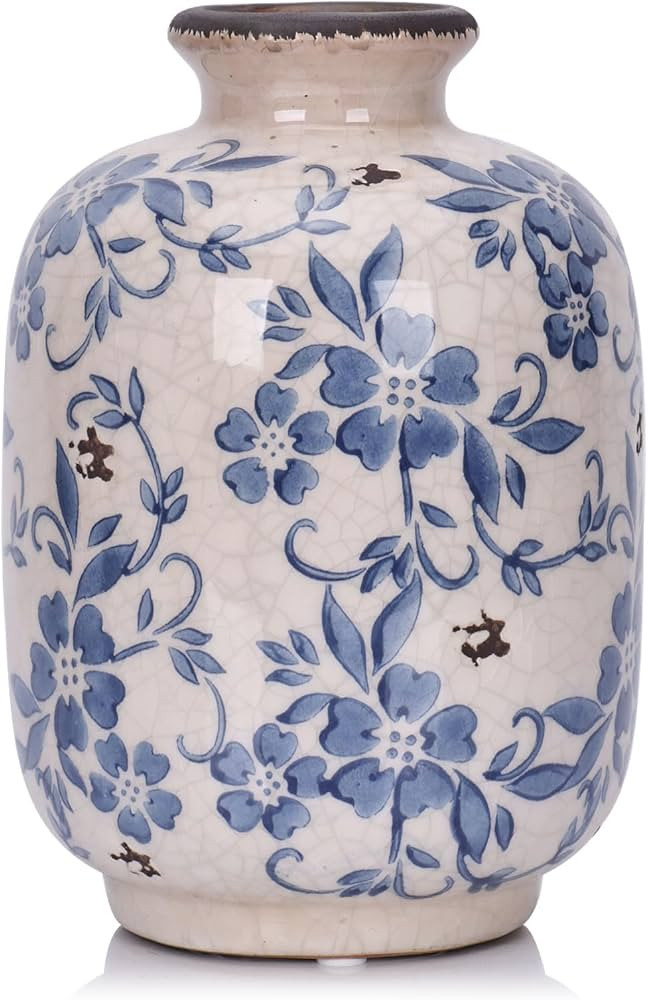Blue and White Floral Vase - 7.9" Vintage Ceramic Pottery Vase for Centerpieces, Rustic Farmhouse... | Amazon (US)