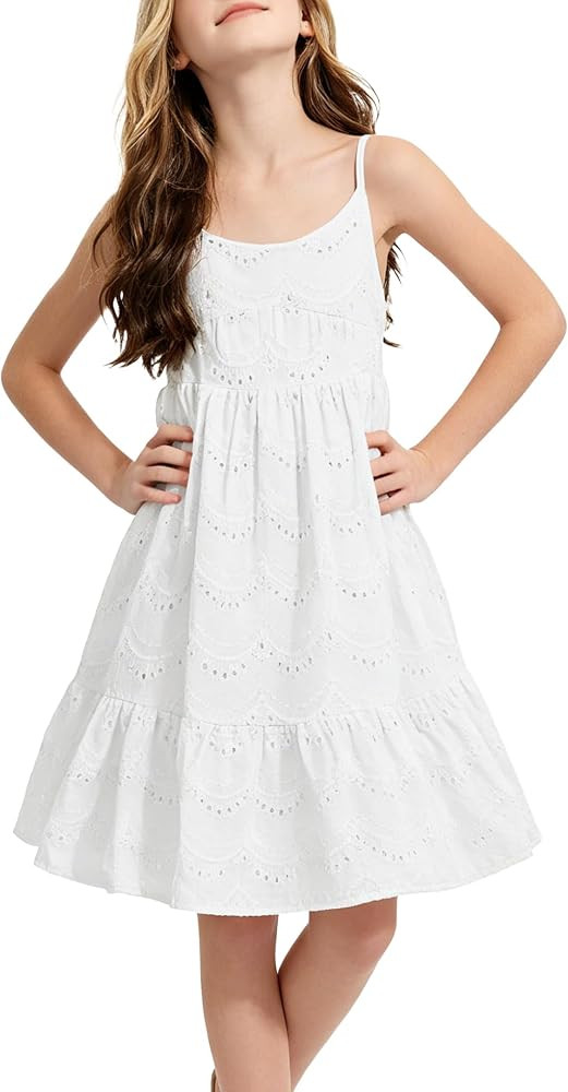 Girls Dresses Eyelet Lace Dress Spaghetti Strap Sundress Ruffle Casual Party Dress for Toddler 4-... | Amazon (US)