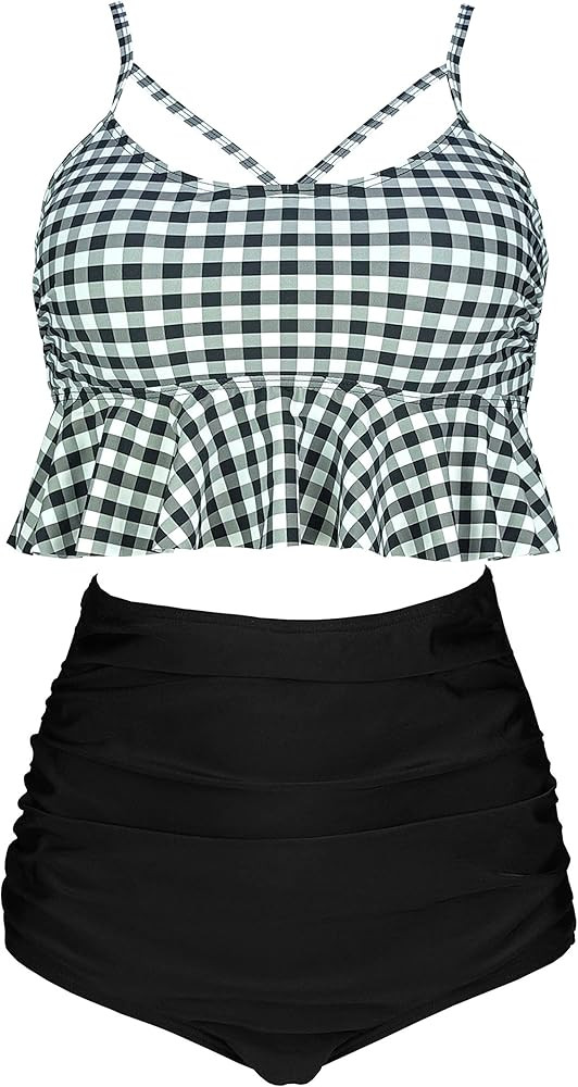 COCOSHIP Women's Retro Boho Flounce Falbala High Waist Bikini Set Chic Swimsuit(FBA) | Amazon (US)