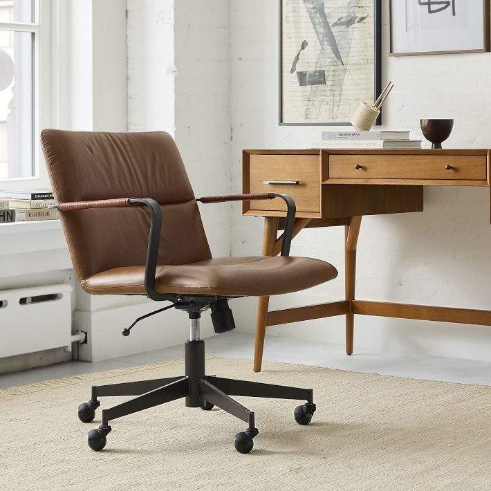 Cooper Mid-Century Leather Swivel Office Chair | West Elm (US)