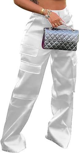 Satin Cargo Pants for Women High Waisted Multiple Pockets Wide Leg Trouser | Amazon (US)