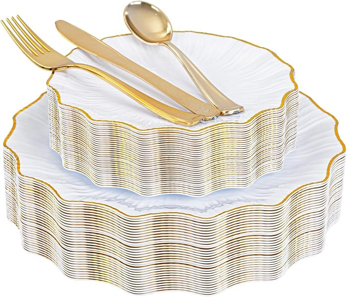 150PCS White and Gold Plastic Plates with Gold Disposable Silverware | Amazon (US)