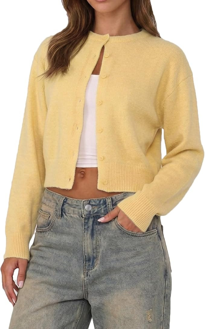 Women Y2K Button Front Crop Sweater Cardigan Solid Color Crew Neck Long Sleeve Knit Fall Tops Str... | Amazon (US)