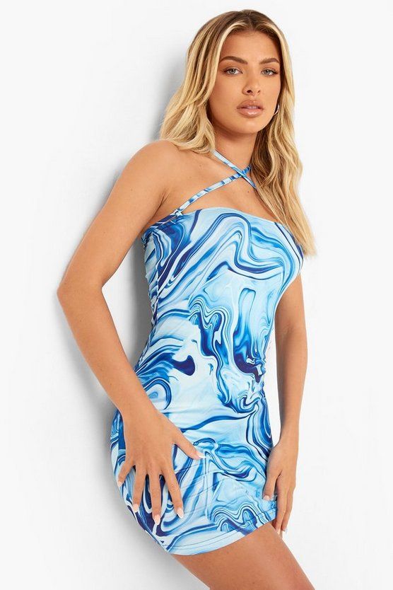 Slinky Marble Printed Tie Detail Dress | Boohoo.com (US & CA)