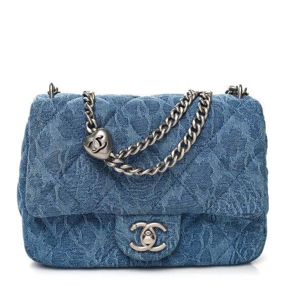 Denim Quilted Camellia Sweetheart Mini Flap Blue | FASHIONPHILE (US)