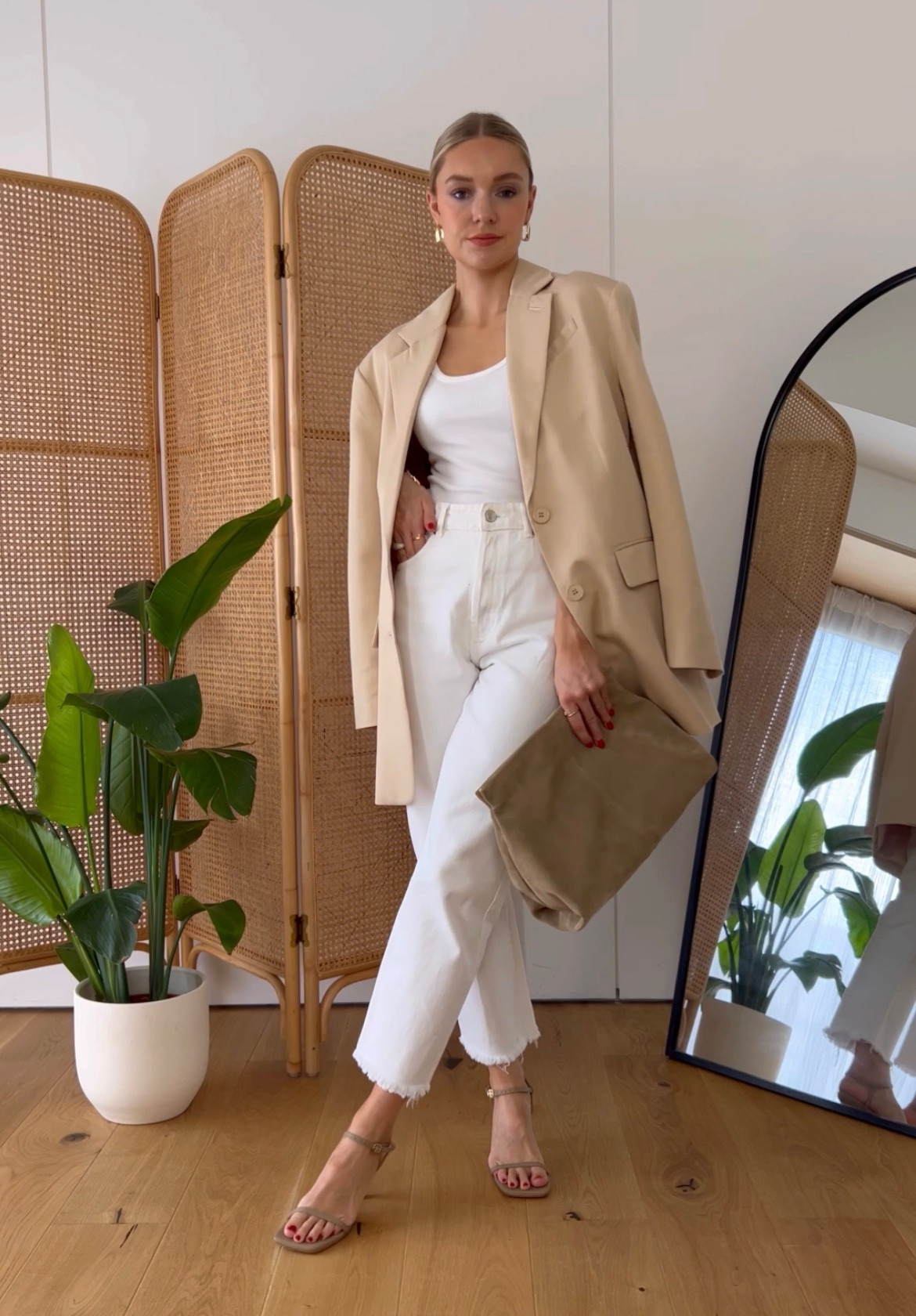 Beige blazer, formal office outfit ootd, white top, white mom jeans, brown clutch bag, beige heels, gold earrings 

#LTKworkwear #LTKSeasonal #LTKstyletip