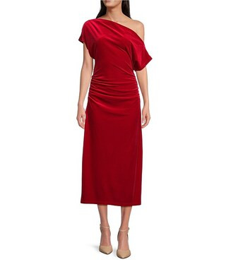 Asymmetric One Off-the-Shoulder Short Sleeve Ruched Midi Velvet Knit Dress | Dillard's