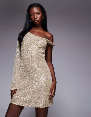 ASOS DESIGN sequin one shoulder mini dress with twist detail in gold | ASOS (Global)