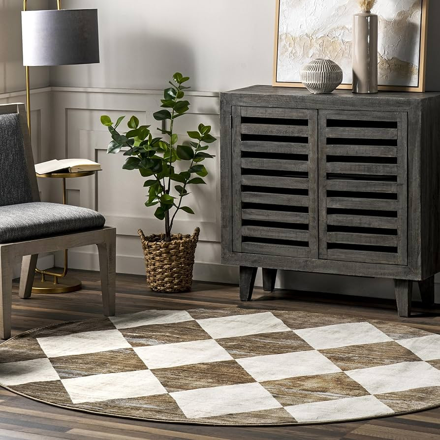 nuLOOM Meline Checkered Fringe Area Rug - 6 Round Area Rug Modern/Contemporary Beige/Ivory Rugs f... | Amazon (US)