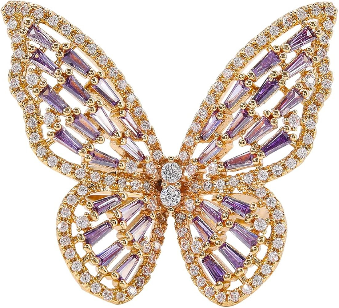 Butterfly Rings for Women Adjustable Golden Cocktail Ring Sparkly Stones Statement Silver Bow Ope... | Amazon (US)