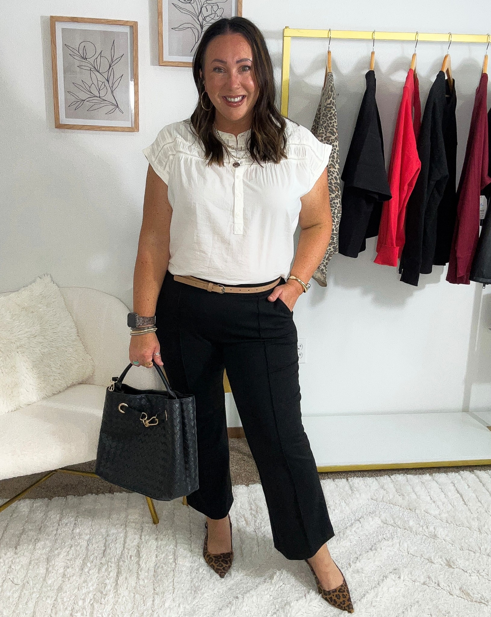 Budget friendly workwear look transitioning into fall! Large pintuck blouse. XL cropped flare pants. Slingback kitten heels run true to size. XL slim belt  

#LTKWorkwear #LTKPlusSize #LTKFindsUnder50