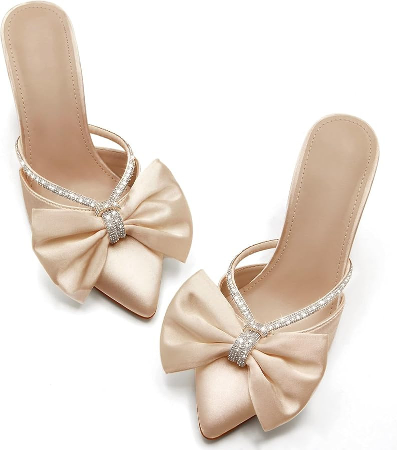 Coutgo Womens Bow Heels Mules Pointed Closed Toe Sandals Rhinestone Satin Backless Wedding Shoes | Amazon (US)