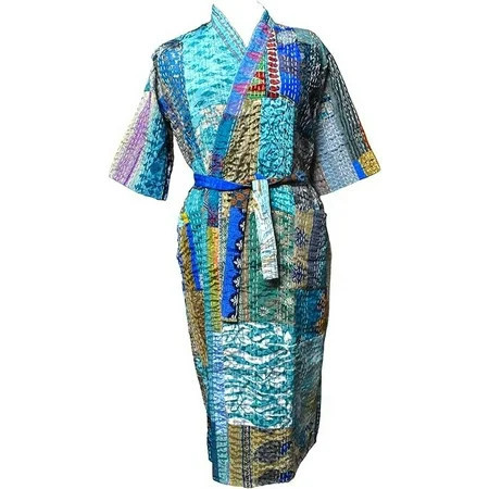 Vintage Silk sari kantha Kimono Robes lover recycled dressing gowns Woman Patchwork Jacket kimono robe gift Turquoise | Walmart (US)