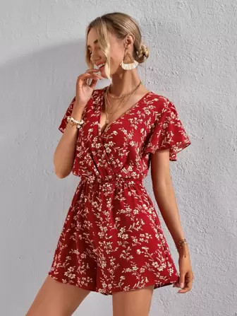 SHEIN VCAY Ditsy Floral Surplice Neck Butterfly Sleeve Romper | SHEIN