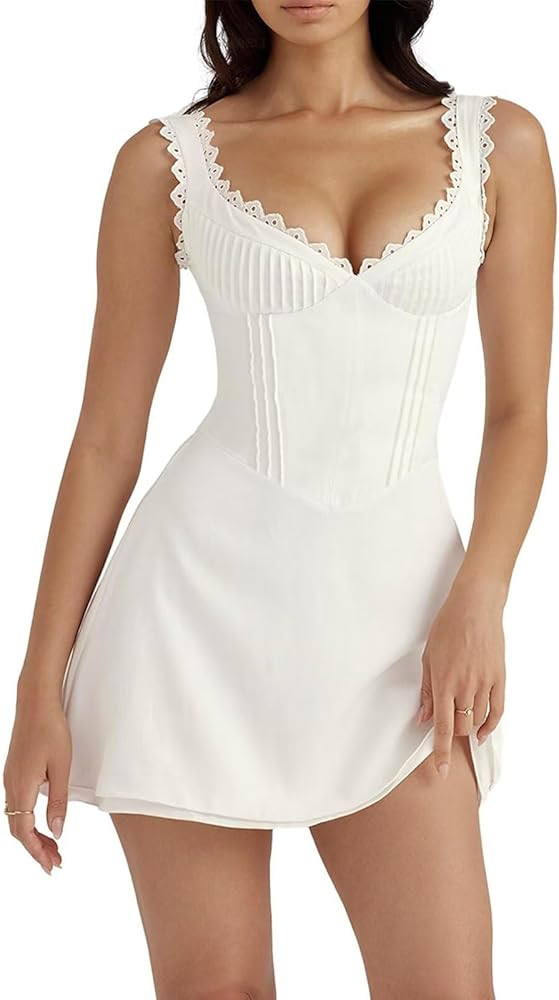 Women's Summer Mini Dress Sexy V Neck Spaghetti Strap Sleeveless Lace Trim Backless Party Club Dr... | Amazon (US)