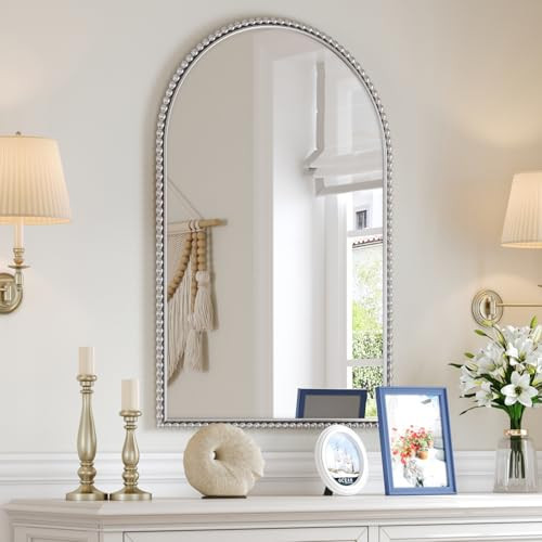 PERHOM Arched Wall Mirror - 24"x36" Decorative Bathroom Mirrors with Thick Solid Beaded Metal Frame - Baroque Aesthetic Antique Mirror for Bathroom, Bedroom, Living Room, Entryway, Fireplace, Silver | Amazon (US)