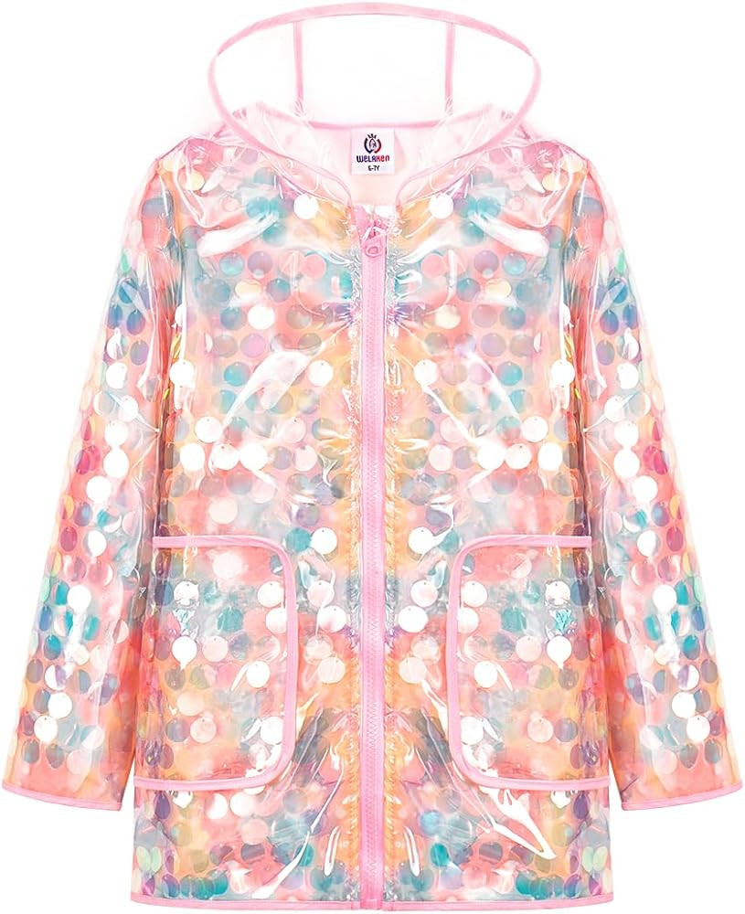 WELAKEN Girls Sequin Raincoat Waterproof Reusable Hooded Outwear Rain Jacket with Lining | Amazon (US)
